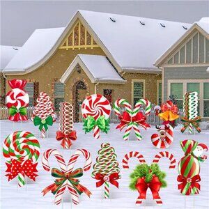 12 Pcs Christmas Candy Decor Plastic Outdoor Peppermint Lollipop Candy Signs